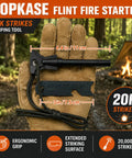 34 Piece Fire Starter Survival Kit with Three Ferro Rods and Striker, tinder shown on glove with measurement details.
