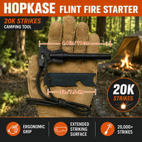 34 Piece Fire Starter Survival Kit with Three Ferro Rods and Striker, tinder shown on glove with measurement details.