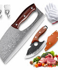 Hand Forged Cleaver And Boning Knife Set With Ergonomic Handles, 2-piece kitchen knife set with carbon steel blades and vegetables.