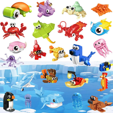 Mini Ocean Animals Building Blocks Party Favor Kits For Kids, 24 Pack Goodie Bag Stuffers with colorful sea creatures on ice.