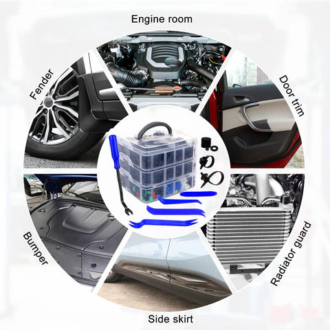 Diagram showing uses of Must Have 835 Piece Car Push Retainer Clips And Plastic Fasteners Kit with 24 sizes for automotive parts.