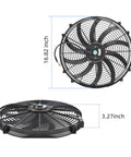 Heavy Lifting 14 Inch Slim Push Pull Electric Radiator Cooling Fan 12 Volt 90 Watt Beast Mode Eight Blade Engine Cooler top view with dimensions