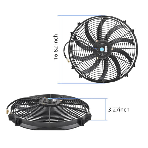 Heavy Lifting 14 Inch Slim Push Pull Electric Radiator Cooling Fan 12 Volt 90 Watt Beast Mode Eight Blade Engine Cooler top view with dimensions
