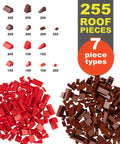 Over 500 Building Blocks With Windows Doors And Roof Pieces For Mega Modular House Builds Tight Fit Compatibility With Major Brands STEM Toy For Kids Birthday Gift Idea showing 255 brown and red roof pieces in 7 types