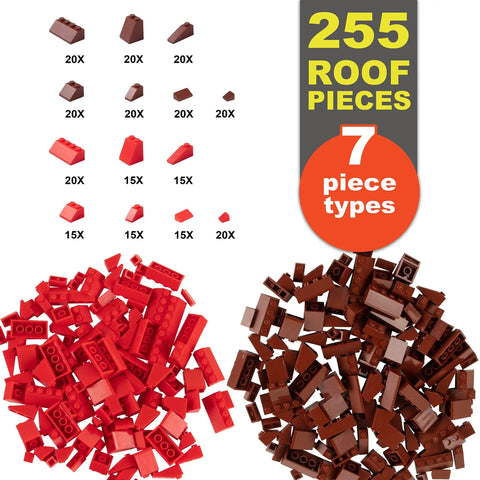 Over 500 Building Blocks With Windows Doors And Roof Pieces For Mega Modular House Builds Tight Fit Compatibility With Major Brands STEM Toy For Kids Birthday Gift Idea showing 255 brown and red roof pieces in 7 types