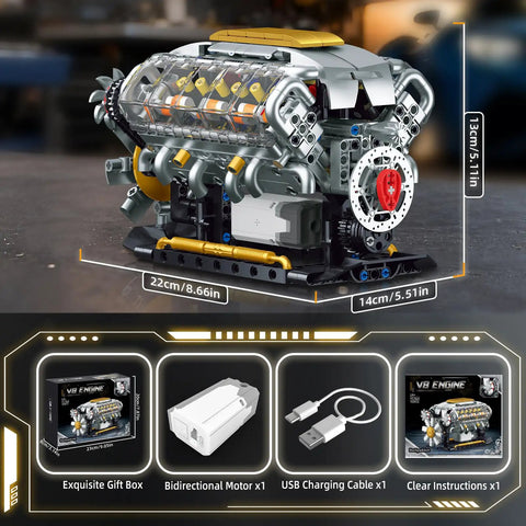 V8 Engine Model Kit That Runs Hands On Build Your Own Mini Visible Car Motor Realistic Piston Motion Turbocharger Science DIY Set For Adults Teens 14 And Up 703 Piece STEM Toy Gift, assembled view showing dimensions and components including motor and USB cable.