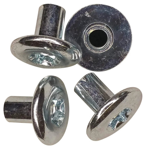 Top Shelf 5/16 Inch T55 Torx Barrel Nuts 4 Pack Zinc Coated Dome Cap Cam Lock Fasteners viewed from multiple angles.