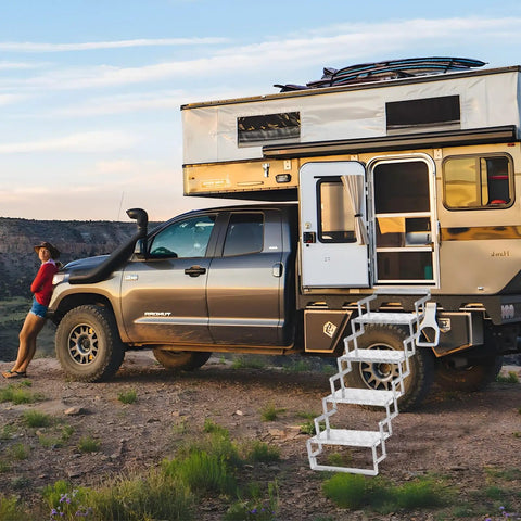 Aluminum RV Step Ladder With 4 Steps, 18-Inch Wide Outdoor Camper Stairs, Anti-Slip Surface, Portable Travel Trailer Stair Access, Durable Silver Finish, Lightweight And Built Tough For Real Outdoor Use, Corrosion-Resistant Build For Easy Storage, beside truck camper