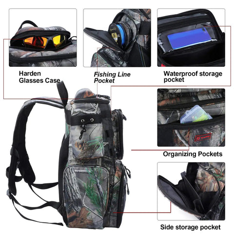 Camouflage Fishing Tackle Backpack With Four Trays, multiple pockets, side storage, waterproof storage, for anglers