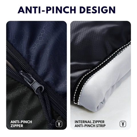 Close-up of XXL Winter Sleeping Bag For Adults And Kids With Compression Sack, showing anti-pinch zipper design for safety.