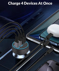 4 Port USB C Car Charger With 90W PD Fast Charging, multiple cables connected to devices, high power charging hub.