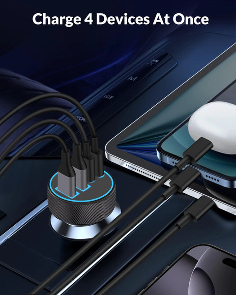 4 Port USB C Car Charger With 90W PD Fast Charging, multiple cables connected to devices, high power charging hub.