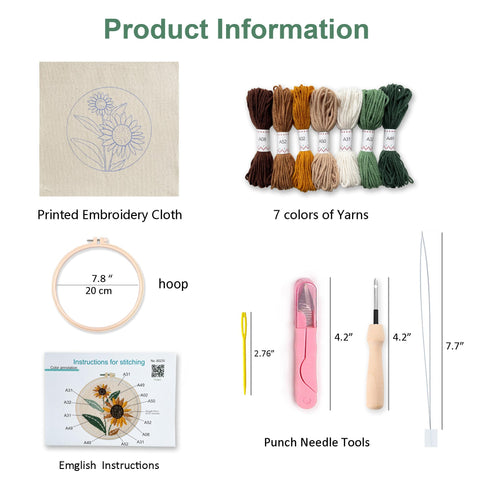 Sunflower Punch Needle Kit For Beginners - No-Fuss DIY Embroidery Starter Set with threads, fabric, tools, and instructions shown.
