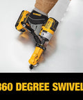 Front view of DEWALT yellow metal shear/drill attachment with 360-degree pivoting head for cutting 18-gauge metal