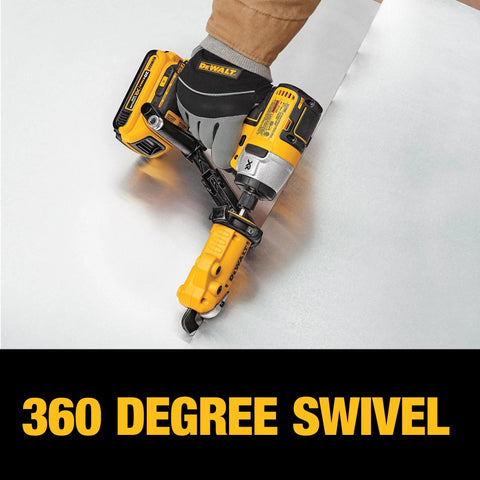 Front view of DEWALT yellow metal shear/drill attachment with 360-degree pivoting head for cutting 18-gauge metal
