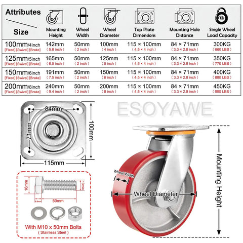 Heavy Duty Polyurethane Caster Wheels 4 Pack 8 Inch Dual Ball Bearing Rollers With Silent Swivel Brakes And Pro Grade Top Plate Glides Like Butter Industrial Casters Built Tough For Heavy Loads