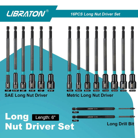 Magnetic Nut Driver Set 16-Piece Long 6-Inch Shank For Impact Drill with SAE and Metric Nutdrivers, Includes PH1 PH2 Bits