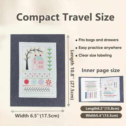 2026 Upgraded Removable Stitch Book Kit With Extra Thick Threads, compact travel size with labeled dimensions and patterns