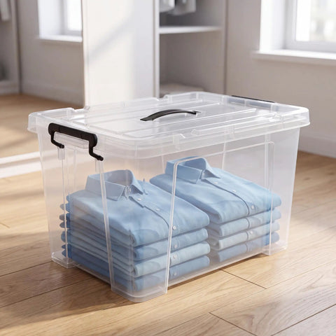 Heavy Duty 90 Quart Clear Storage Bins With Lids Six Pack, see-through container holding stacked blue shirts on wooden floor.