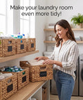Woman organizing with Two Pack Wicker Storage Baskets Rectangular Water Hyacinth Organizer For Shelving Foldable Woven Pantry Baskets