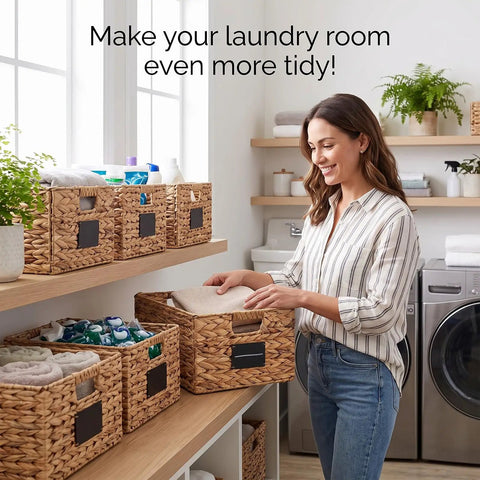 Woman organizing with Two Pack Wicker Storage Baskets Rectangular Water Hyacinth Organizer For Shelving Foldable Woven Pantry Baskets
