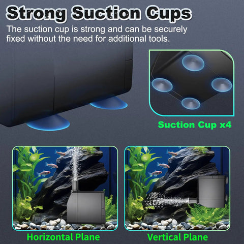 Ultra Quiet Submersible Pump 200GPH 800 L Per H 15W With Overheating Protection showing strong suction cups and flow in aquarium setup