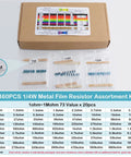 Boxed 1460-Piece 1/4W 73-Value 1% Metal Film Resistor Kit for Arduino Projects, with sorted resistor packs displayed.