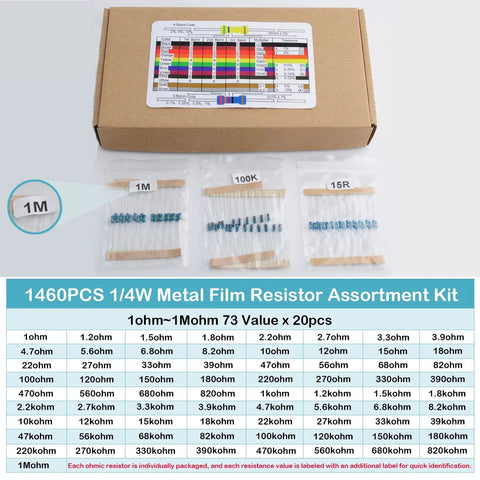 Boxed 1460-Piece 1/4W 73-Value 1% Metal Film Resistor Kit for Arduino Projects, with sorted resistor packs displayed.