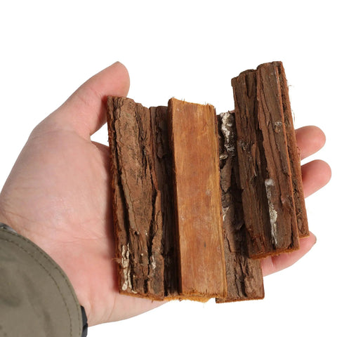 Straight Up Essential 4 Inch Craft Sticks, 45 Pcs Natural Wood Twigs With Original Bark For Rustic Diy Photo Props, School Art Projects And Handmade Card Making, Hella Versatile Bulk Supplies held in a hand showing textures.