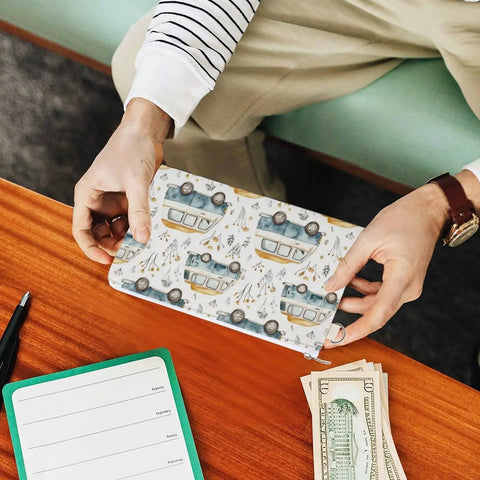 Slim Canvas Coin Purse And Card Holder For RV Lovers And Camp Buddies Zippered Wallet with RV print on table