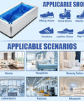 Automatic Shoe Cover Dispenser Featuring 200 Disposable Non Slip Shoe Covers, shown with various applicable shoes and settings.