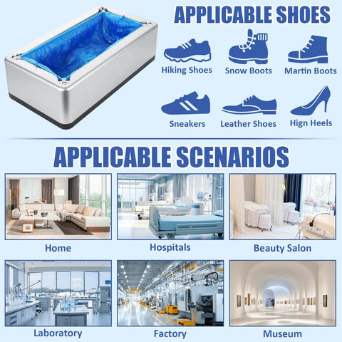 Automatic Shoe Cover Dispenser Featuring 200 Disposable Non Slip Shoe Covers, shown with various applicable shoes and settings.