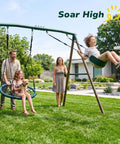Family enjoying 7.5 Ft Tall Backyard Swing Set with Spider Swing and Belt Swing in green and brown, heavy duty metal frame.