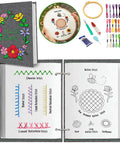 Upgraded Embroidery Stitch Book Kit With 106 Patterns, showing colorful threads, tools, and embroidery tutorials for DIY crafting.
