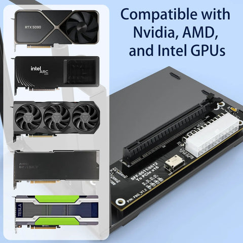 Amp Up Your Rig Instantly With This OcuLink Egpu Dock Delivering Pcie 4.0 X4 At Sixty Four Gbps Includes Thirty Nine Inch Cable showing GPU compatibility.