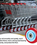 Shopping carts with red wheels showcasing 4 pcs push cart wheels replacement PU rolling casters with bushing and washer, 4 inch by 1.3 inch, 100 mm diameter, 32 mm thick, 300 lb load capacity, red, heavy duty go-to wheels for furniture platform trucks and shopping carts.