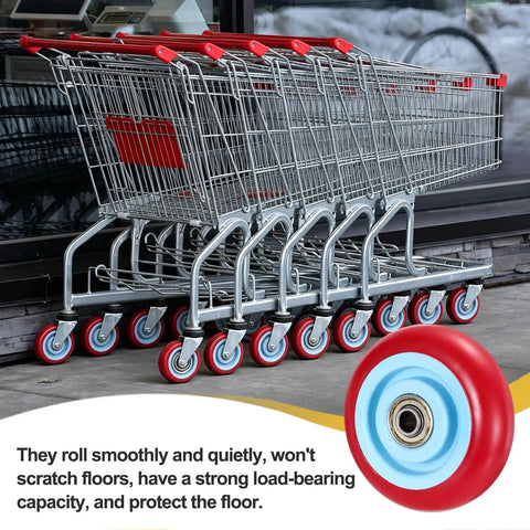 Shopping carts with red wheels showcasing 4 pcs push cart wheels replacement PU rolling casters with bushing and washer, 4 inch by 1.3 inch, 100 mm diameter, 32 mm thick, 300 lb load capacity, red, heavy duty go-to wheels for furniture platform trucks and shopping carts.