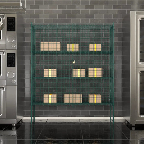 Rock Solid Commercial Grade Metal Wire Mesh Security Cage Kit With Green Epoxy Coating, 18X60X74, holds boxes in a kitchen setting.