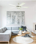52 Inch Indoor Ceiling Fan With Light In White Finish installed in modern living room.