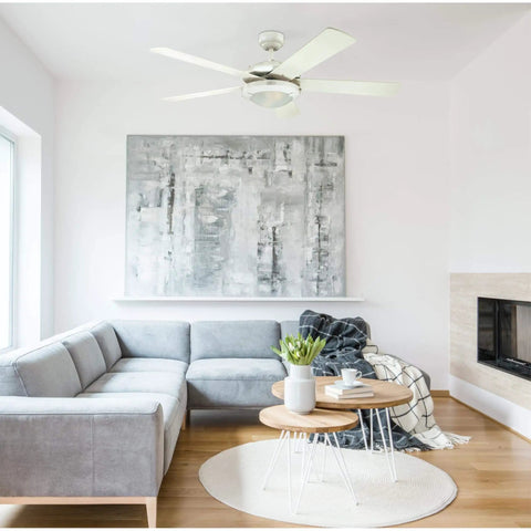 52 Inch Indoor Ceiling Fan With Light In White Finish installed in modern living room.