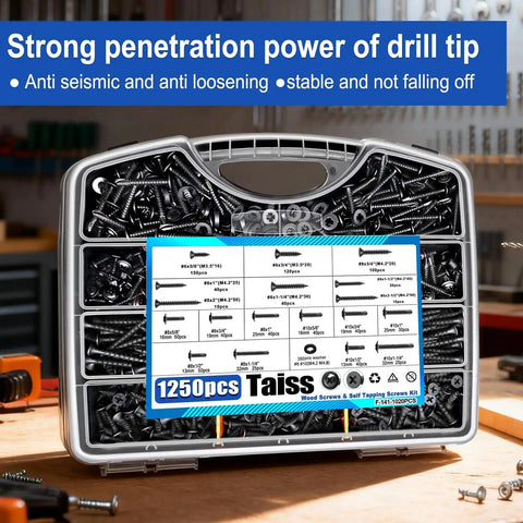 All In One Wood Screws Assortment Kit With Portable Box Self Tapping And Self Drilling Phillips Flat Head Black Screws