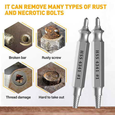 5 Piece Screw Extractor Set For Stripped Screws And Bolts Drill Bit Tools showing examples of rusted and broken screws