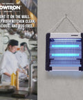 Indoor Bug Zapper Killer With 3000 Volt Non Clogging Grid And 300 Sq Ft Coverage Dual 6W UV Bulbs shown mounted on kitchen wall