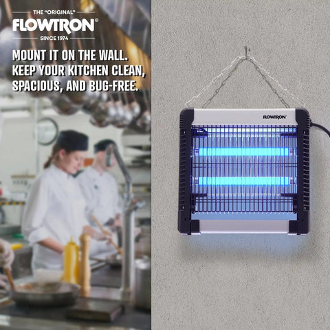 Indoor Bug Zapper Killer With 3000 Volt Non Clogging Grid And 300 Sq Ft Coverage Dual 6W UV Bulbs shown mounted on kitchen wall