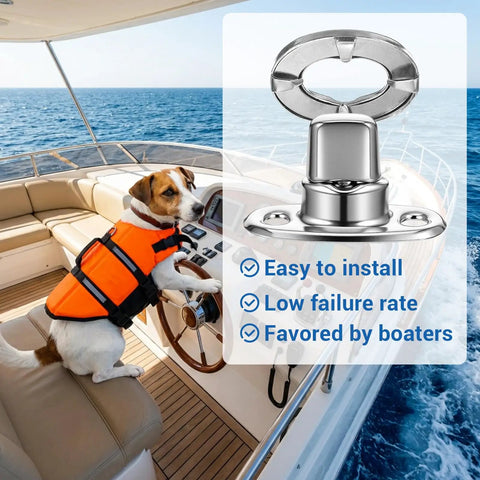 Rock Solid Marine Grade Twist Lock Fastener Kit 35 Pack with a dog steering a boat, showing durable zinc toggle latch.
