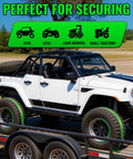 Heavy Duty Wheel Chock Tie Down Straps Kit for Trailers and UTVs, E-Track Ready used to secure vehicles like SUVs on a trailer