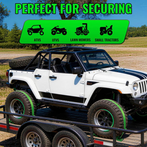 Heavy Duty Wheel Chock Tie Down Straps Kit for Trailers and UTVs, E-Track Ready used to secure vehicles like SUVs on a trailer
