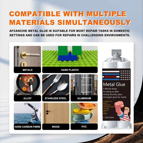 Rugged Metal Repair Epoxy For Steel Iron Aluminum And Fiberglass with compatibility icons for metals, plastics, and more