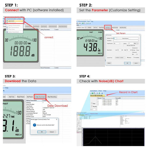 Pro Grade Sound Level Meter With Data Logger And Software using steps for PC connection, setting parameters, data download and dB chart check