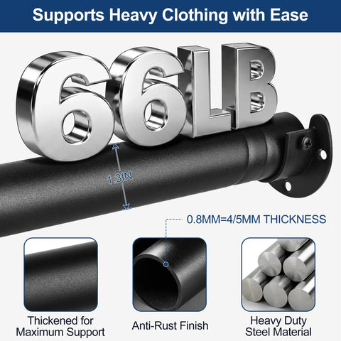 Adjustable Closet Rod Heavy Duty Tension Pole No Cutting Required 17 To 99 Inches 1.3 Inch Diameter with Hardware Kit Black shown holding 66lb